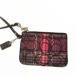 Coach pink purple black plaid wristlet clutch bag